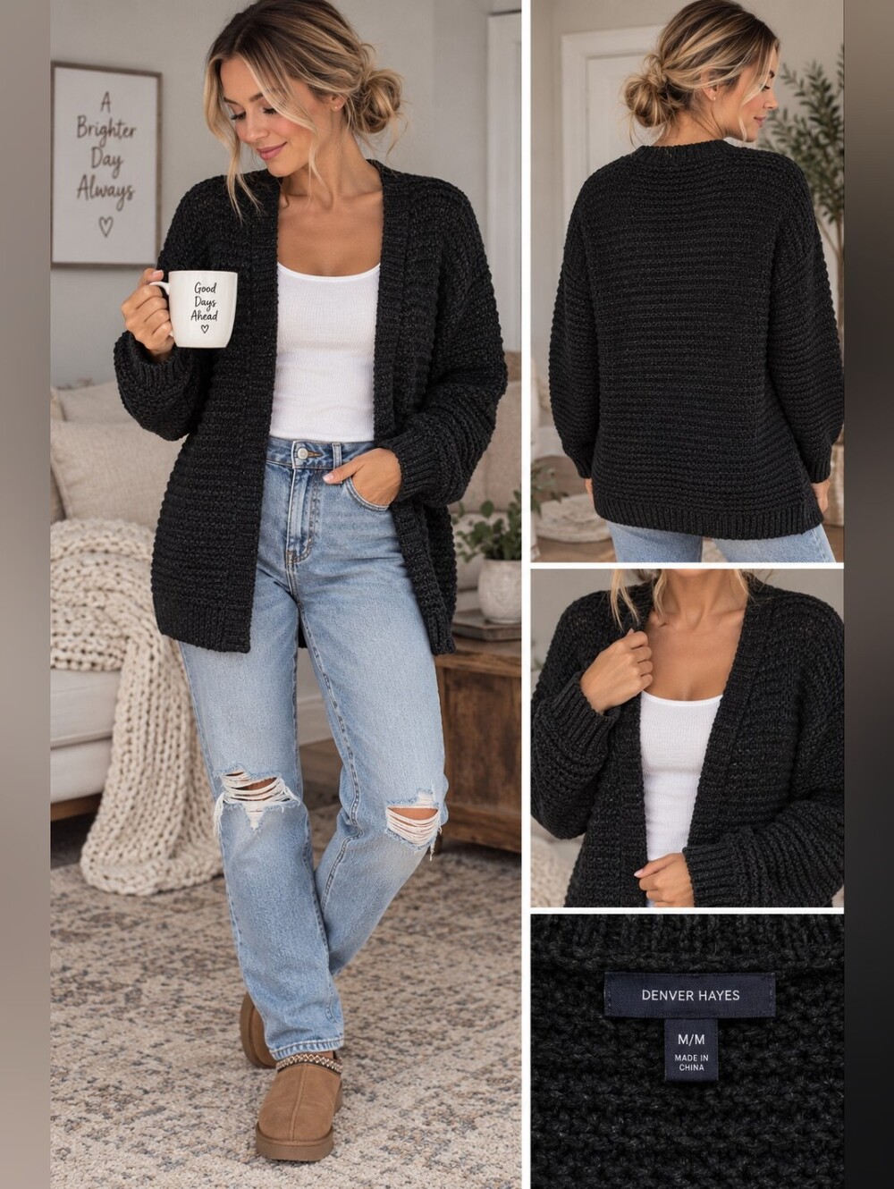 Denver Hayes Women's Medium Black Open Front Chunky Knit Cardigan